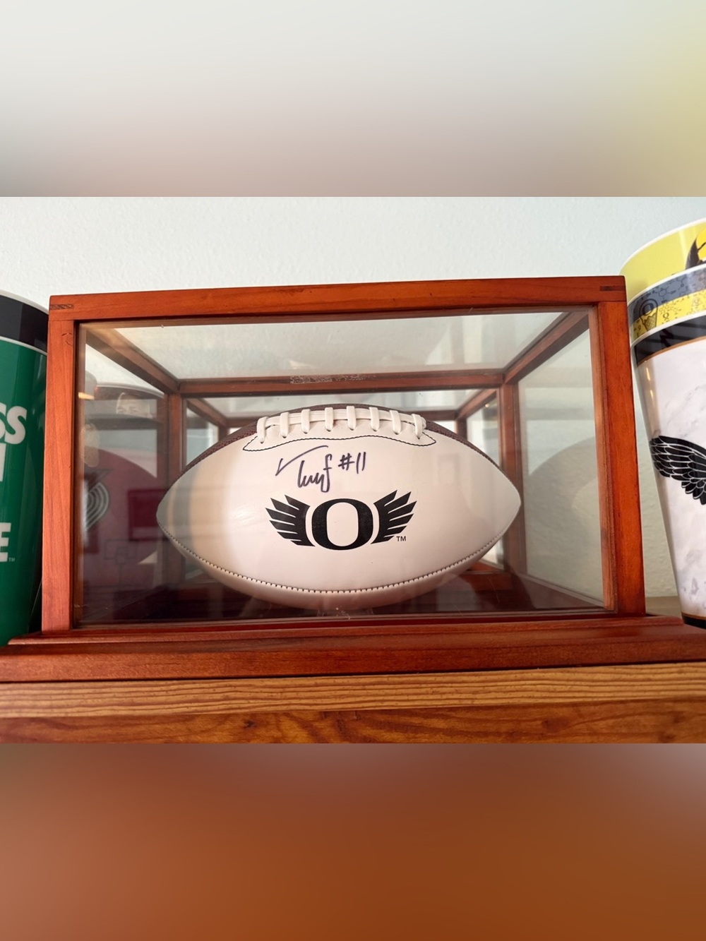 Troy Franklin Autographed White Football with 'O' Wing Logo